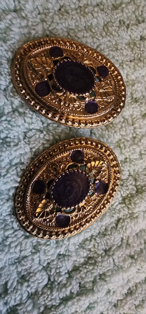 Vintage Gold Tone Oval Pierced Post Earrings Purple Cabochon Statement Earrings